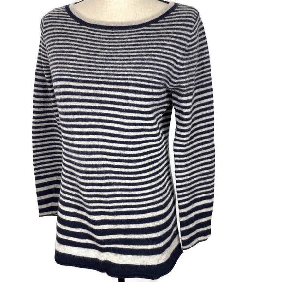 Lucy & Laurel Lambswool Sweater Mixed Striped Navy Blue & Cream Women Sz Lg - Picture 10 of 10